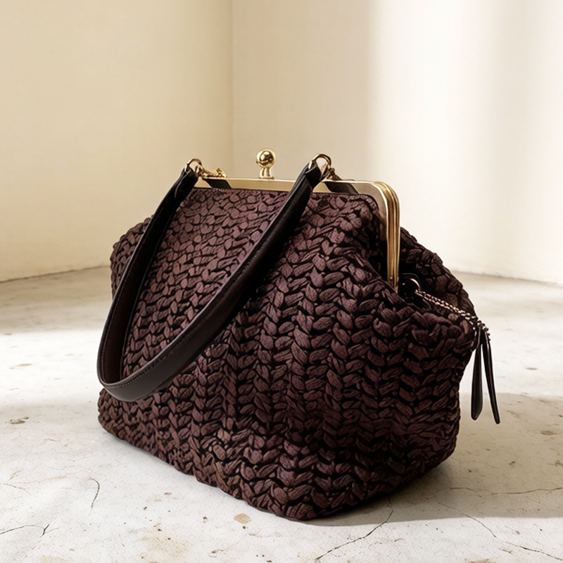 Crochet Bag Raffia - Hand-Woven Kisslock Frame Shoulder Raffia Beach