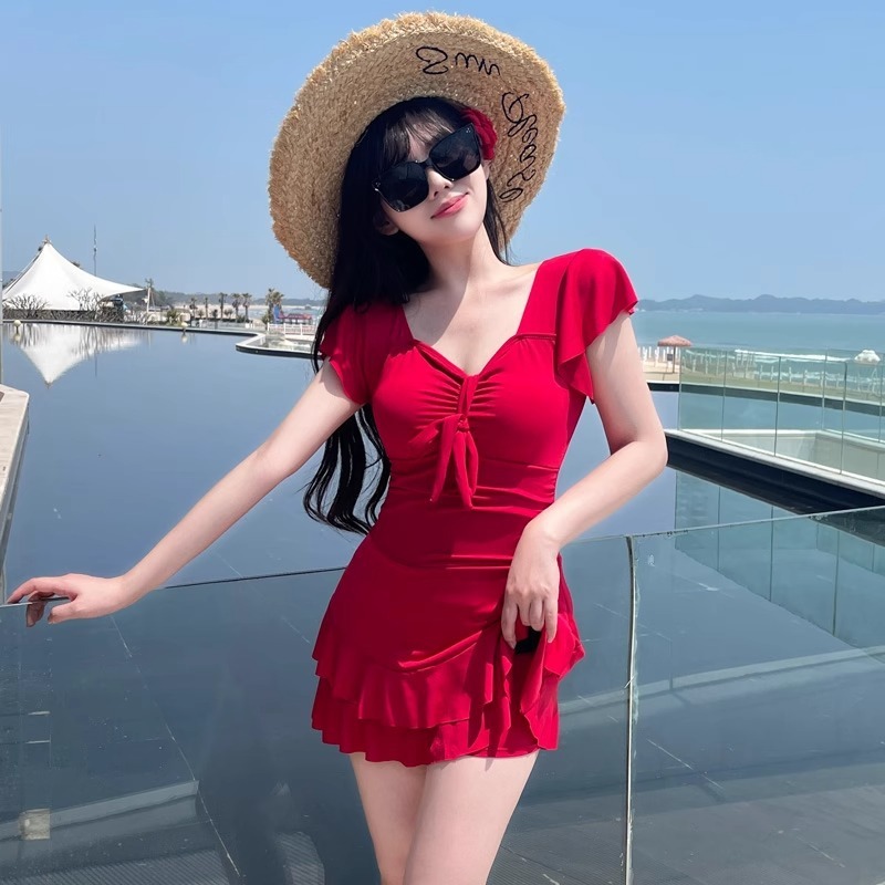 Women's Red V Neck Skirted One - Swimsuit Bikini Ruched ulasan dan harga